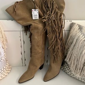 Zara Fringed over the knee split leather boots size 10
